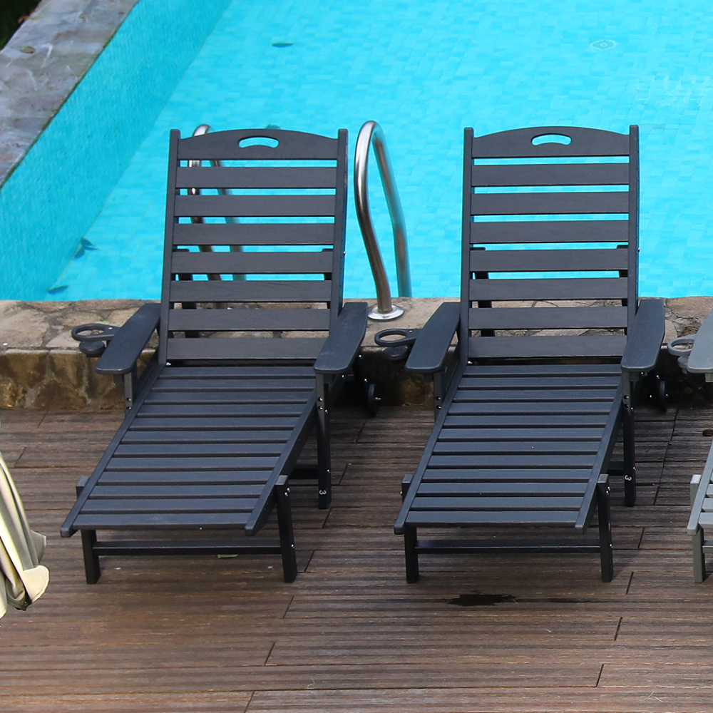 HDPE Chaise Lounge Chair | 4-Position Adjustable Outdoor Pool Lounger with Wheels & Cup Holder, 360 lb Capacity — Black