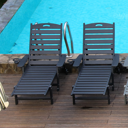 HDPE Chaise Lounge Chair | 4-Position Adjustable Outdoor Pool Lounger with Wheels & Cup Holder, 360 lb Capacity — Black