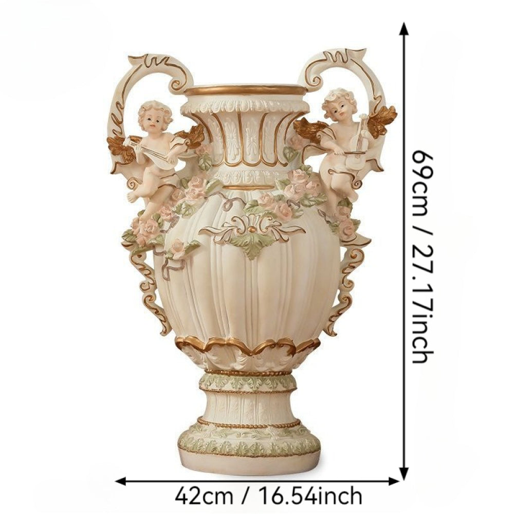 28.35" European Angel Cupid Floor Vase | Baroque Resin Decorative Vase with Gold Trim & Cherub Handles — Luxury Home Decor