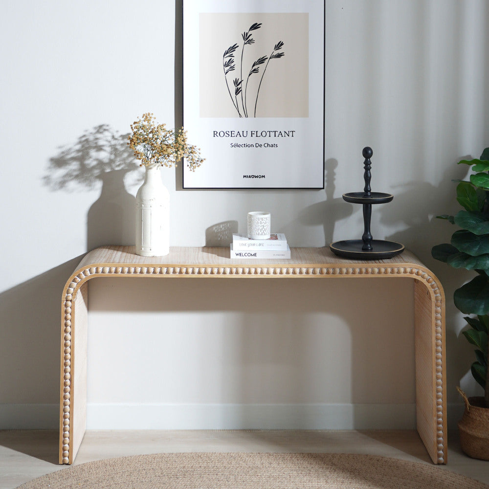 Waterfall Console Table with Wood Bead Trim 59" Curved Entryway Sofa Table Natural Wood Finish Wood Grain