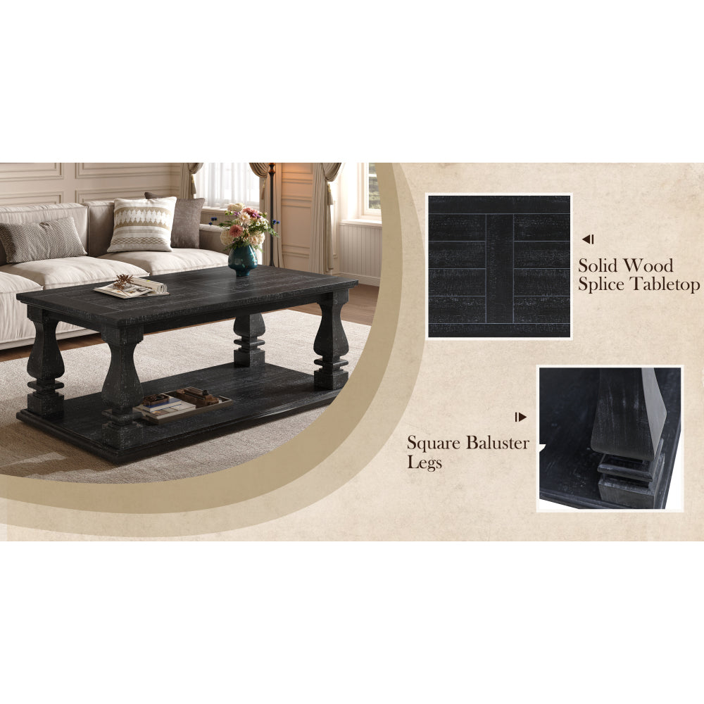 Farmhouse Coffee Table with Storage Shelf 47" Rustic Solid Wood Planked Top & Square Baluster Legs