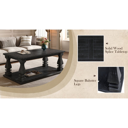 Farmhouse Coffee Table with Storage Shelf 47" Rustic Solid Wood Planked Top & Square Baluster Legs