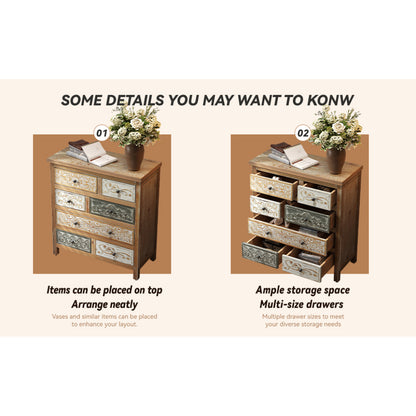 Rustic Farmhouse 6-Drawer Accent Chest – Multicolor Carved Wood, Bedroom & Living Room