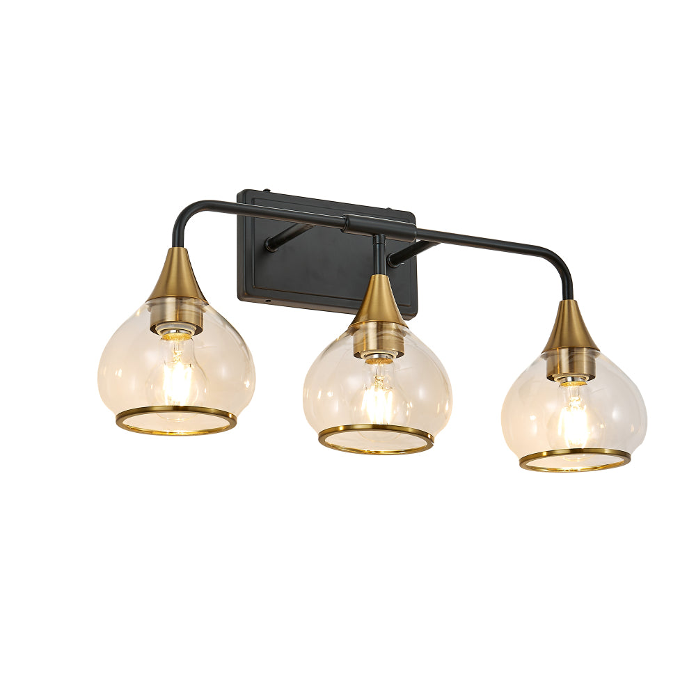 Black and gold 3-light industrial vanity wall sconce with clear glass shades, curved black metal arm, gold accents