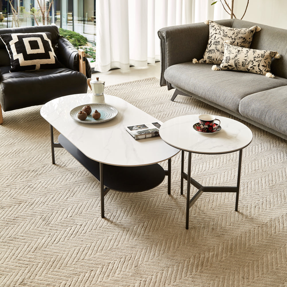 Ceramic Sintered Stone Coffee Table with Walnut Shelf | 47" Double-Layer Living Room Center Table — White & Coffee Brown