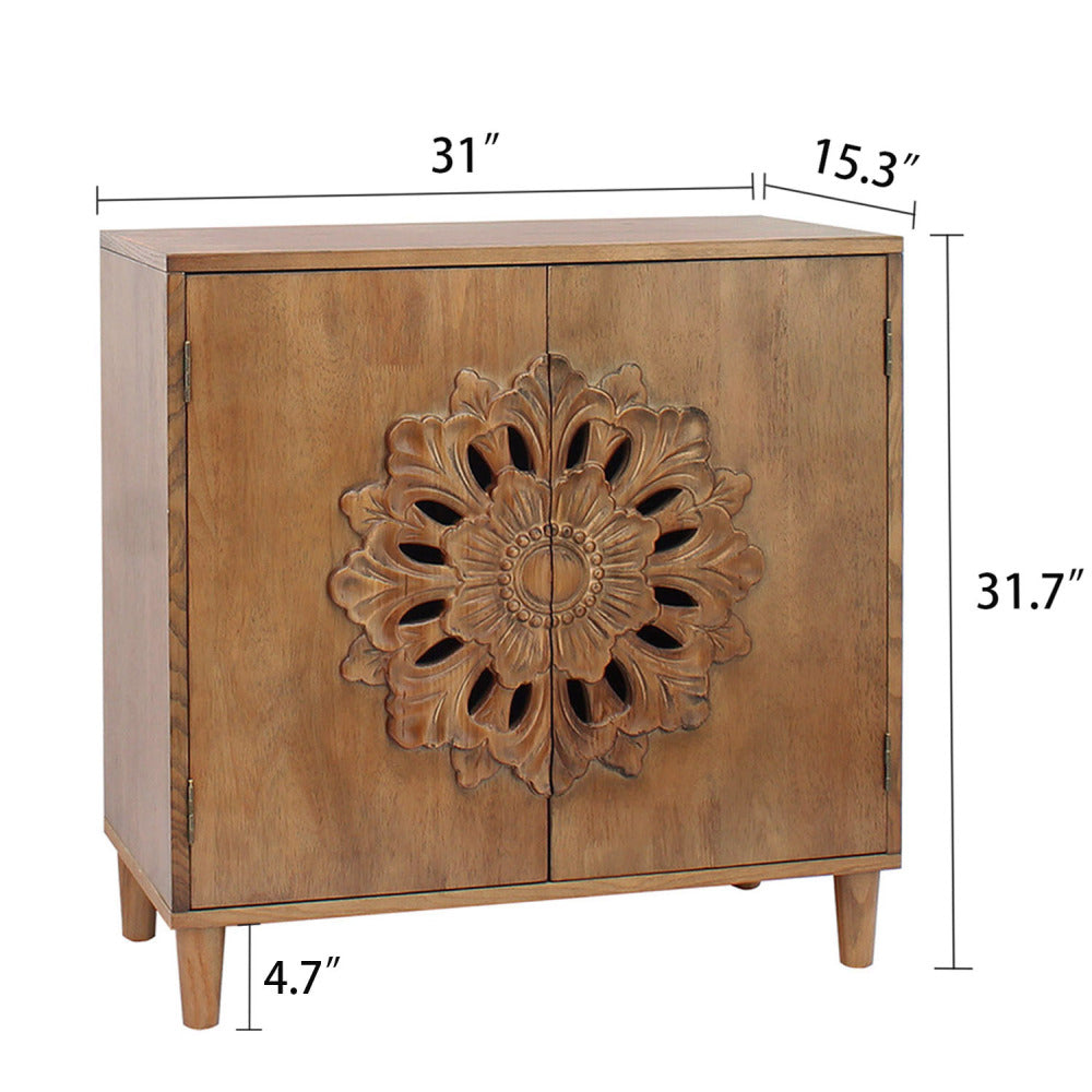 Rustic Hand-Carved 2-Door Accent Cabinet Boho Floral Storage Sideboard with Solid Wood Legs