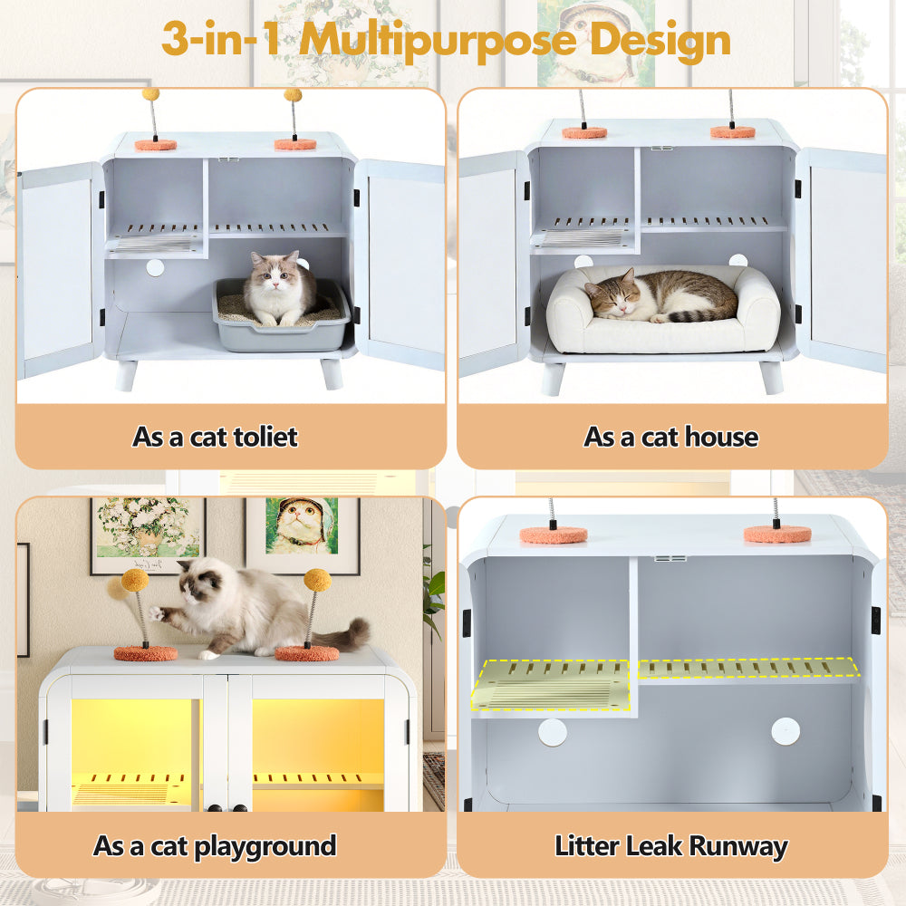 Hidden Cat Litter Box Cabinet – RGB LED, Glass Doors, Litter Walkway & Pom-Pom Toys, White