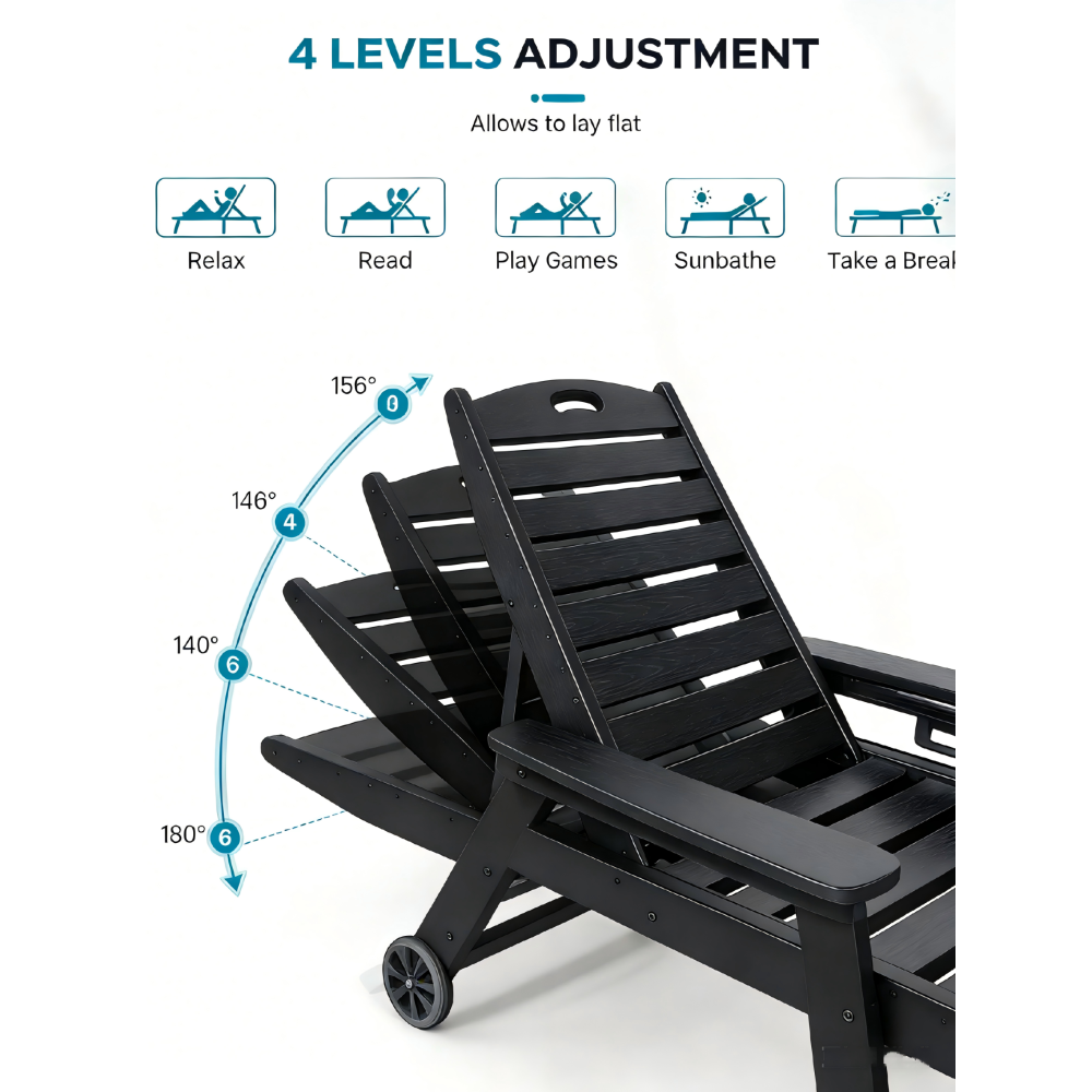 HDPE Chaise Lounge Chair | 4-Position Adjustable Outdoor Pool Lounger with Wheels & Cup Holder, 360 lb Capacity — Black