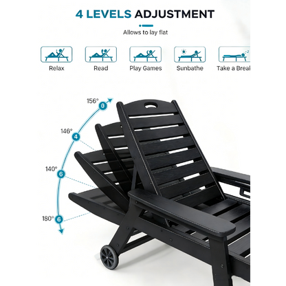 HDPE Chaise Lounge Chair | 4-Position Adjustable Outdoor Pool Lounger with Wheels & Cup Holder, 360 lb Capacity — Black