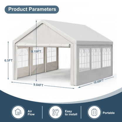 10×20 FT Carport Canopy & Party Tent | Heavy-Duty Gazebo with 4 Removable Sidewalls, UV & Water-Resistant PE Cover — White