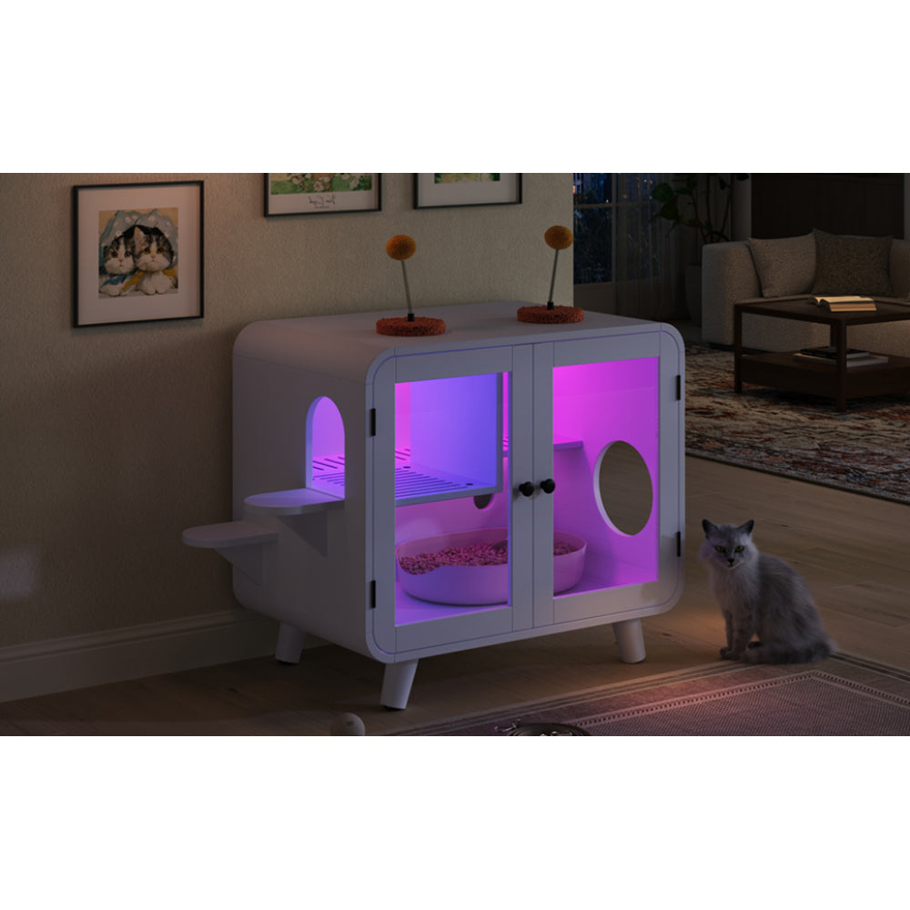 Hidden Cat Litter Box Cabinet – RGB LED, Glass Doors, Litter Walkway & Pom-Pom Toys, White