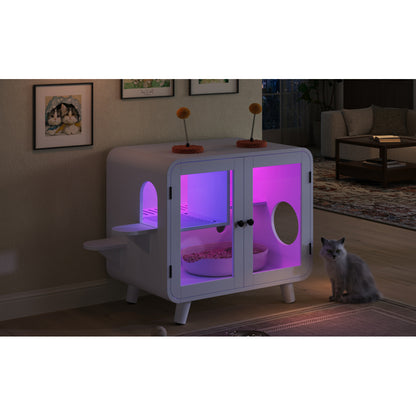 Hidden Cat Litter Box Cabinet – RGB LED, Glass Doors, Litter Walkway & Pom-Pom Toys, White