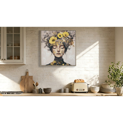 Floral Beauty Lady Canvas Wall Art | Gold & White Framed Print for Bedroom & Living Room — 24×24 Inch