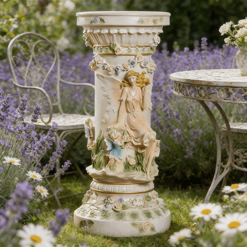 33" Luxury Roman Column Pedestal | Resin Fairy & Floral Relief Pillar Stand — Vintage European Decor for Living Room & Entryway