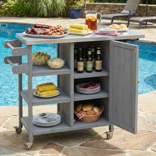 Foldable Outdoor Kitchen Island with Stainless Steel Top | Rolling Cart with Storage Cabinet, Open Shelves & Towel Rack — Grey