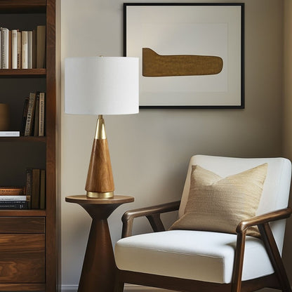 Mid-Century Triangle Table Lamp – Espresso Wood & Antique Brass, White Linen Shade
