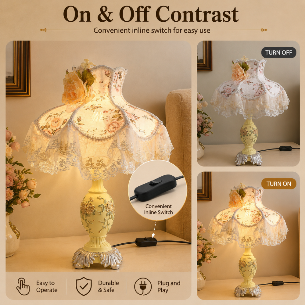 Victorian Pink & Ivory Table Lamp – Lace Pleated Shade & Beaded Fringe, Princess Bedside Night Light