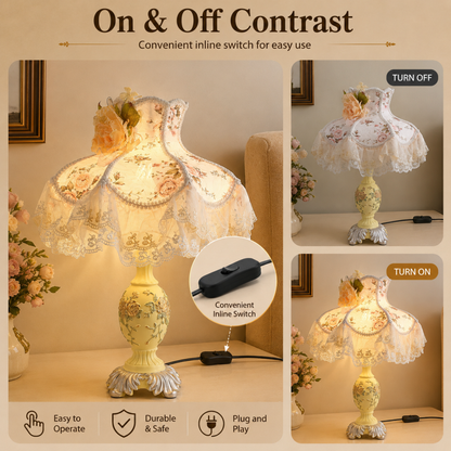 Victorian Pink & Ivory Table Lamp – Lace Pleated Shade & Beaded Fringe, Princess Bedside Night Light