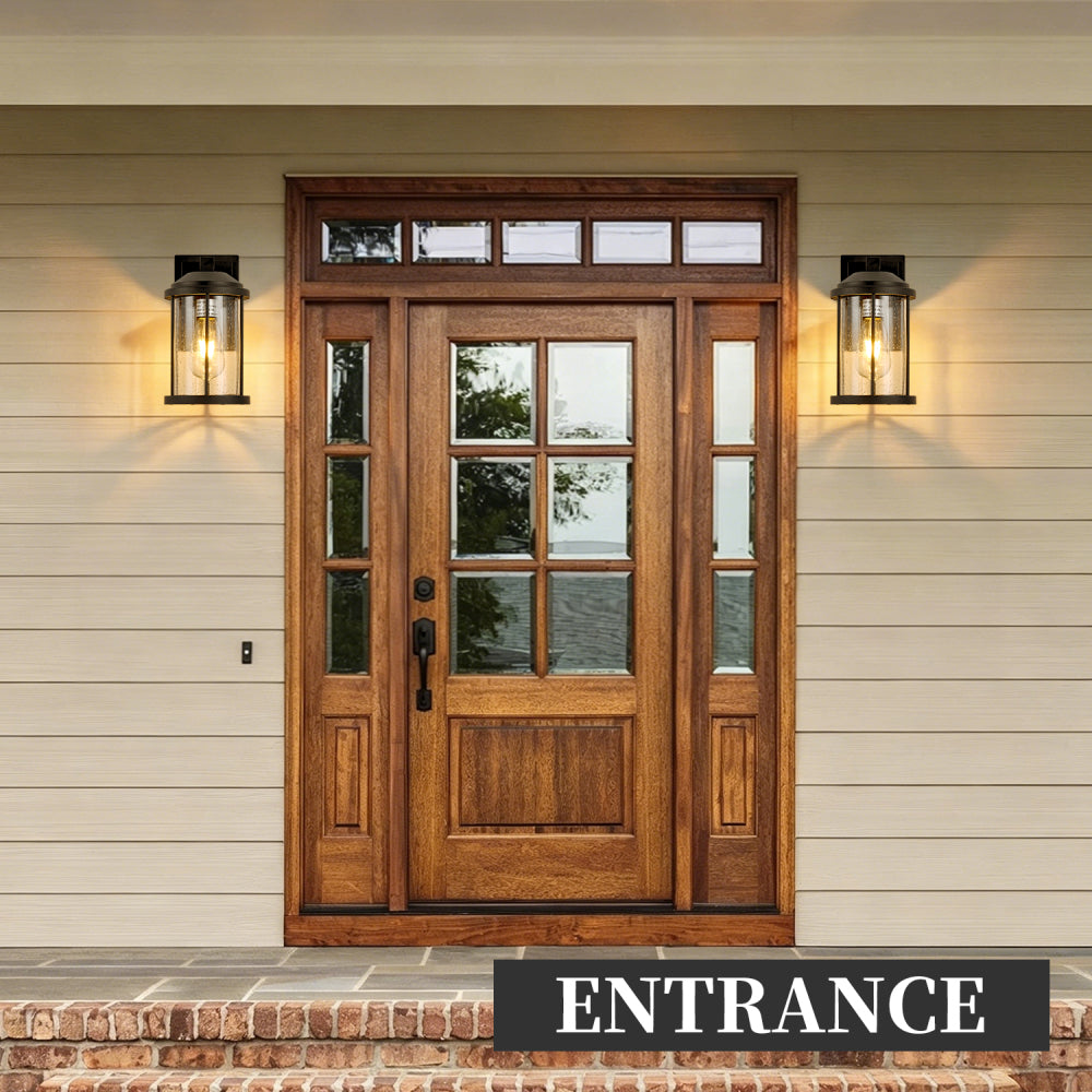 Outdoor Wall Sconces 2 Pack – Black Exterior Light Fixtures with Seeded Glass