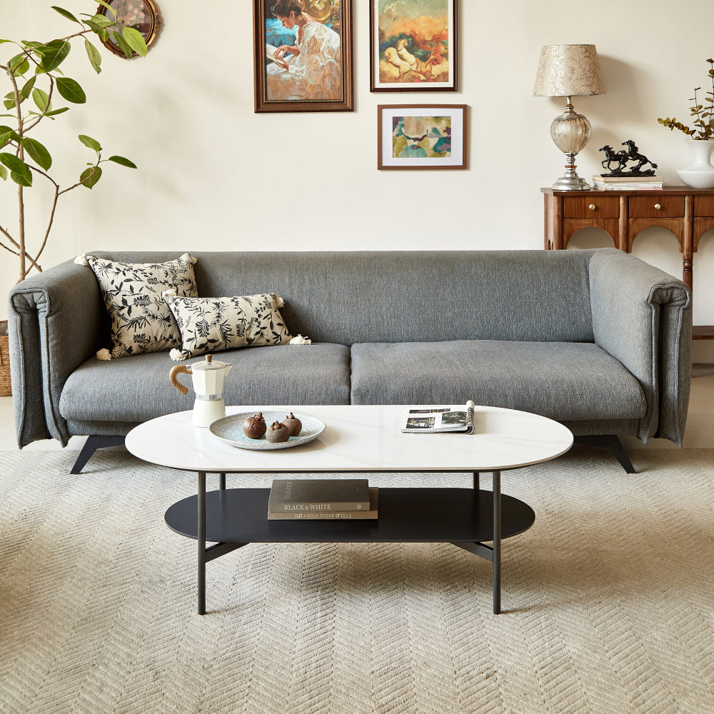 Ceramic Sintered Stone Coffee Table with Walnut Shelf | 47" Double-Layer Living Room Center Table — White & Coffee Brown