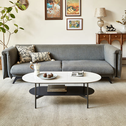Ceramic Sintered Stone Coffee Table with Walnut Shelf | 47" Double-Layer Living Room Center Table — White & Coffee Brown
