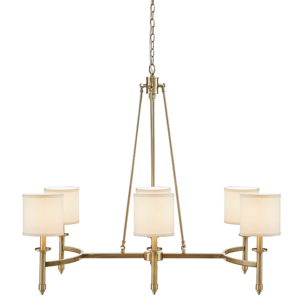 Gold 6-light drum shade chandelier with curved frame, transitional style, 39.25 inches wide, Bedford Collection, white drum shades.
