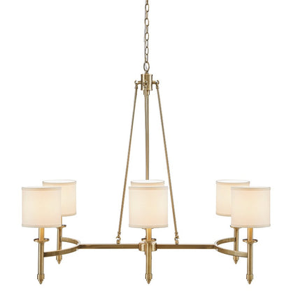 Gold 6-light drum shade chandelier with curved frame, transitional style, 39.25 inches wide, Bedford Collection, white drum shades.
