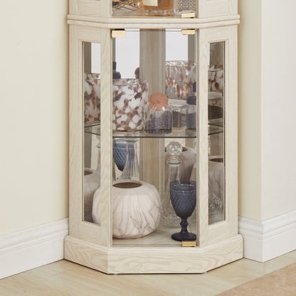Lighted Corner Curio Cabinet Tall Display Case with Mirrored Back Glass Doors Adjustable Shelves White