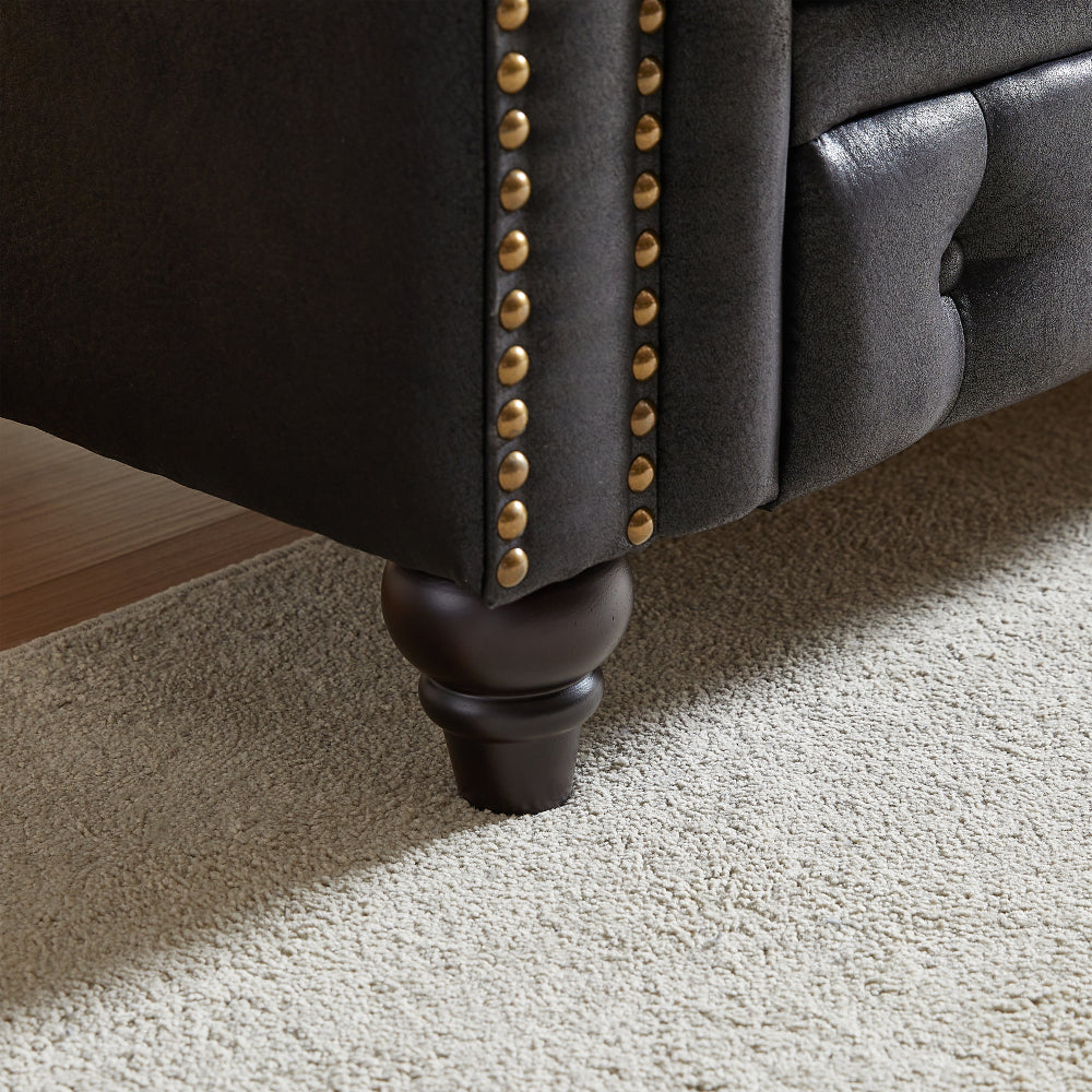 85.5" Chesterfield Sofa 3-Seater | Tech Fabric with Button Tufting, Rolled Arms & Wood Legs — Brown / Black