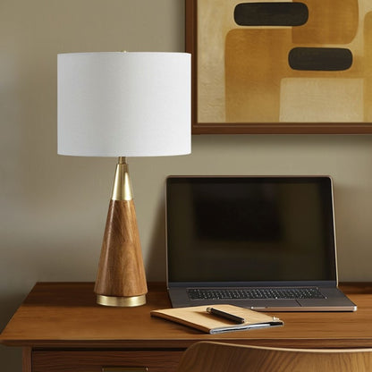 Mid-Century Triangle Table Lamp – Espresso Wood & Antique Brass, White Linen Shade
