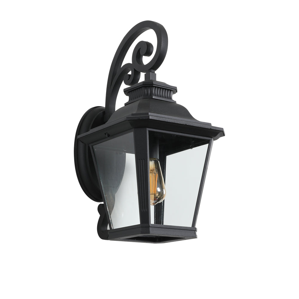 Vintage Black Outdoor Wall Lantern – 21" Farmhouse Sconce with Clear Glass & Scroll Detail