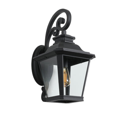 Vintage Black Outdoor Wall Lantern – 21" Farmhouse Sconce with Clear Glass & Scroll Detail