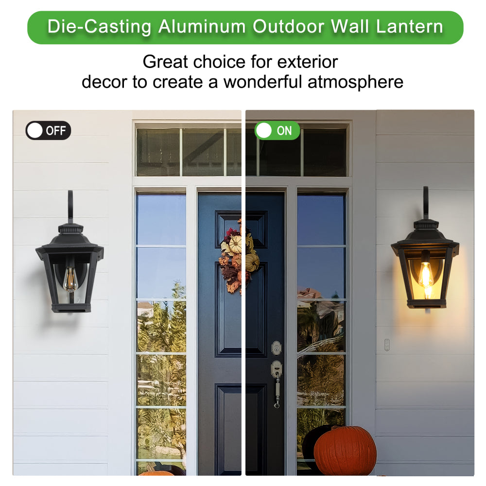 Vintage Black Outdoor Wall Lantern – 21" Farmhouse Sconce with Clear Glass & Scroll Detail