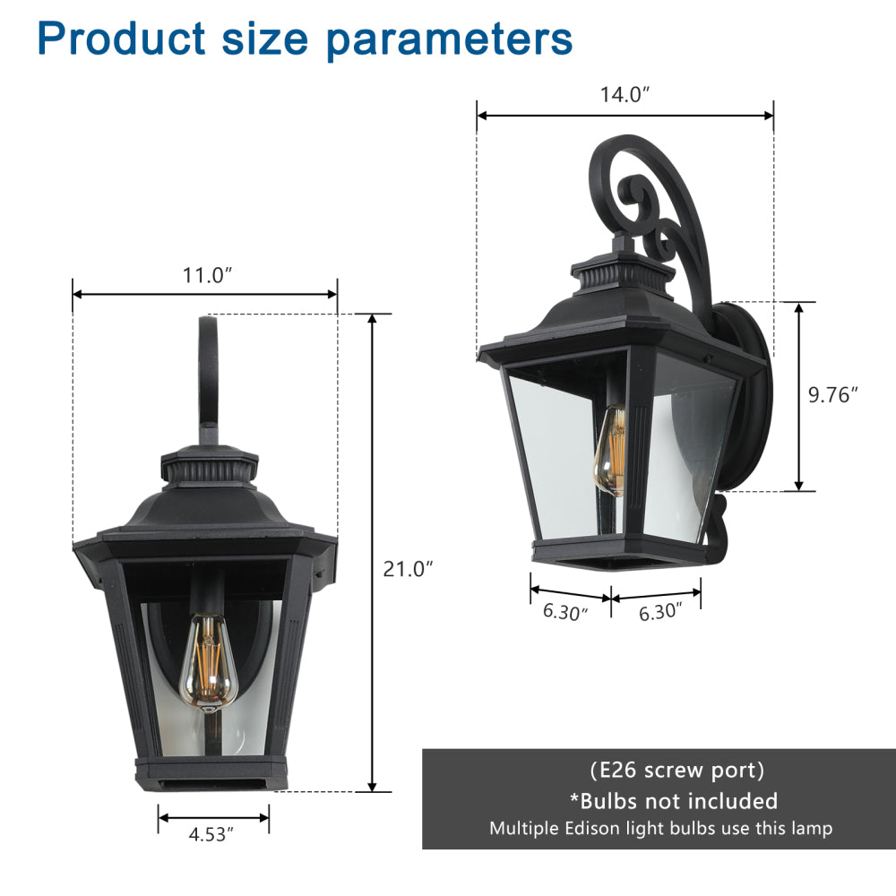 Vintage Black Outdoor Wall Lantern – 21" Farmhouse Sconce with Clear Glass & Scroll Detail