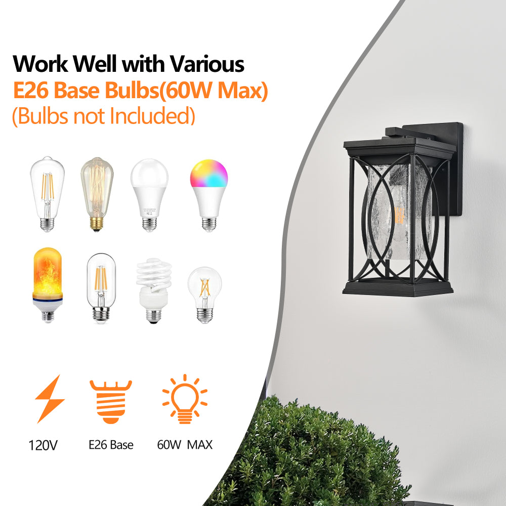 Black Outdoor Wall Lantern with Crackled Glass | 14" Modern Porch Light, E26 Base