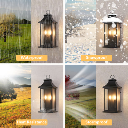 22.2" Dusk-to-Dawn Outdoor Wall Lantern | 2-Light Large Black Exterior Sconce with Glass — Waterproof Porch, Garage & House Light 1-2 Pack