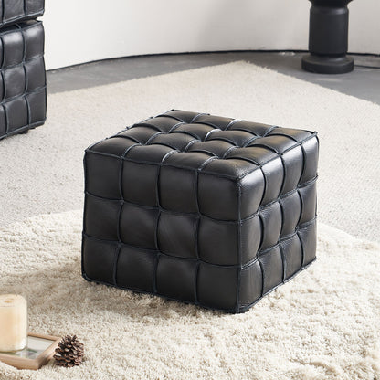 Black Genuine Leather Tufted Ottoman – 17" Square Footstool, Multi-Use, Solid Wood Base