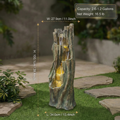 Tree Design Waterfall Outdoor Fountain with LED Lights | Freestanding Fiberglass Resin Garden Fountain for Patio, Backyard & Lawn