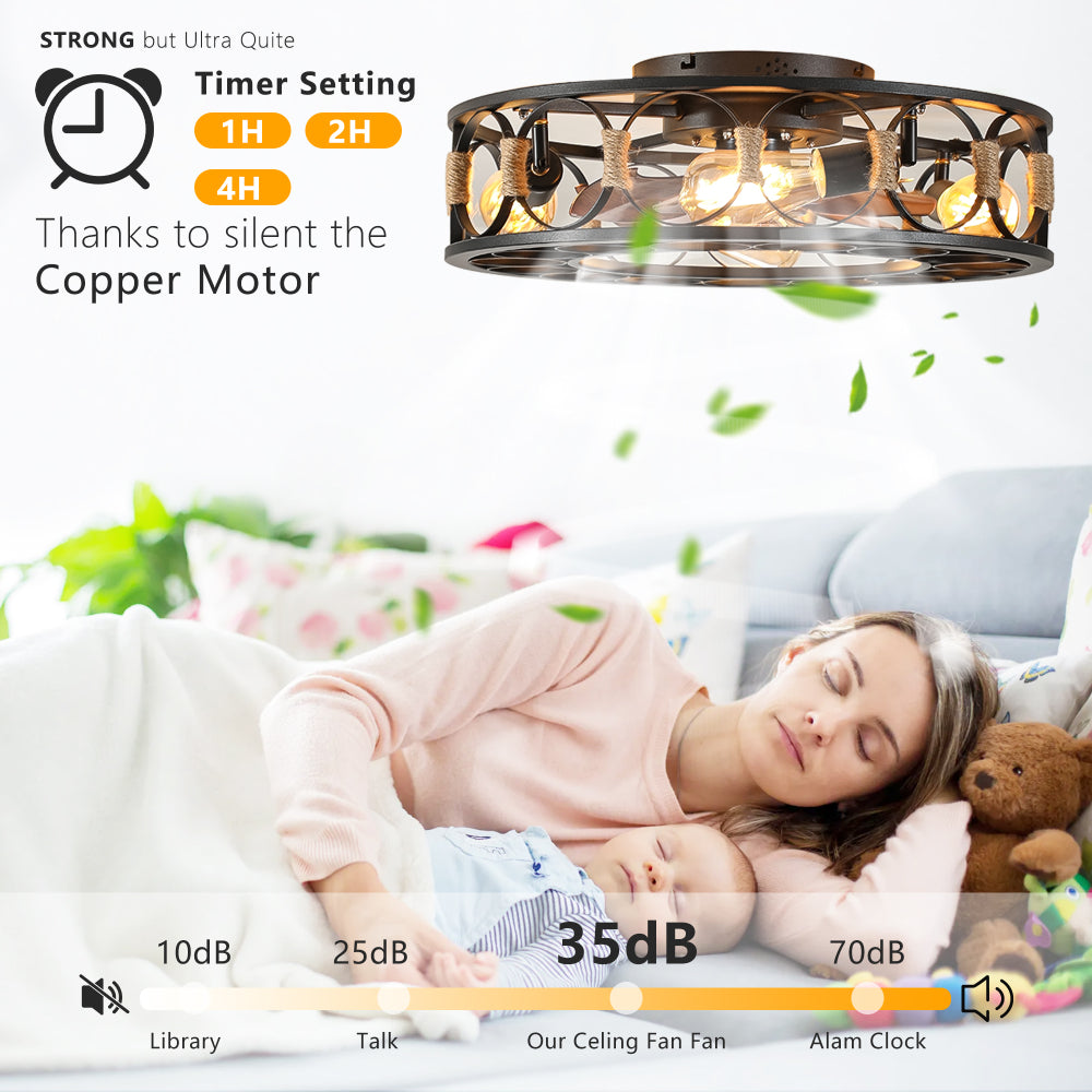 Caged Flush Mount Ceiling Fan with LED Lights & Remote – Farmhouse Matte Black, 6 Speeds & Reversible DC Motor