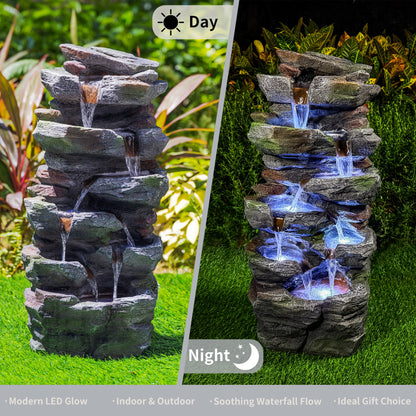 Rock Waterfall Outdoor Fountain with LED Lights | Cascading Tiered Resin Garden Fountain for Patio, Backyard & Lawn