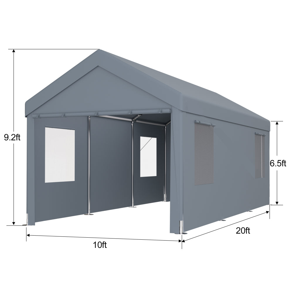 10×20 FT Portable Carport Garage | Heavy-Duty Galvanized Steel Frame with 2 Roll-Up Doors & 4 Ventilated Windows — White / Grey