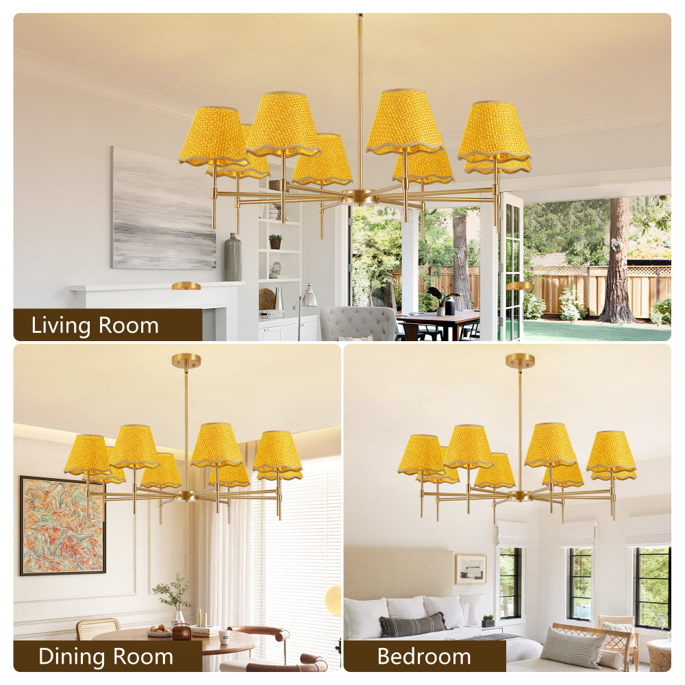 Gold Boho Rattan Chandelier with 8 yellow rattan lampshades installed in living room, dining room, and bedroom settings.