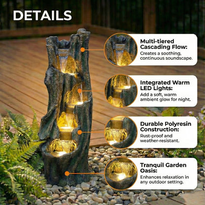 Tree Design Waterfall Outdoor Fountain with LED Lights | Freestanding Fiberglass Resin Garden Fountain for Patio, Backyard & Lawn