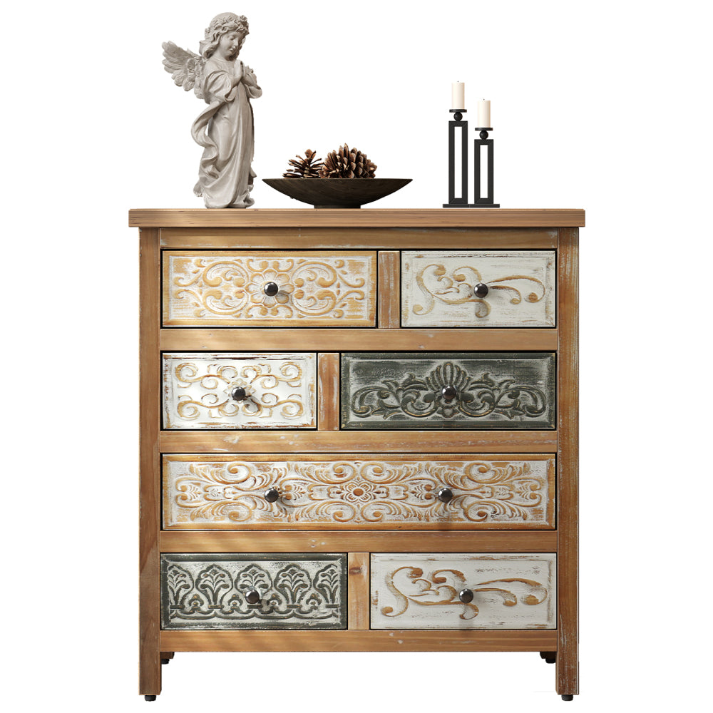 Rustic Farmhouse 6-Drawer Accent Chest – Multicolor Carved Wood, Bedroom & Living Room