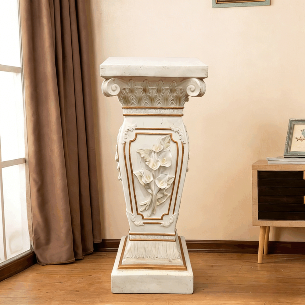 22" European Floral Roman Column Pedestal | Resin Carved Ionic Pillar Display Stand — Indoor & Outdoor Garden & Home Decor