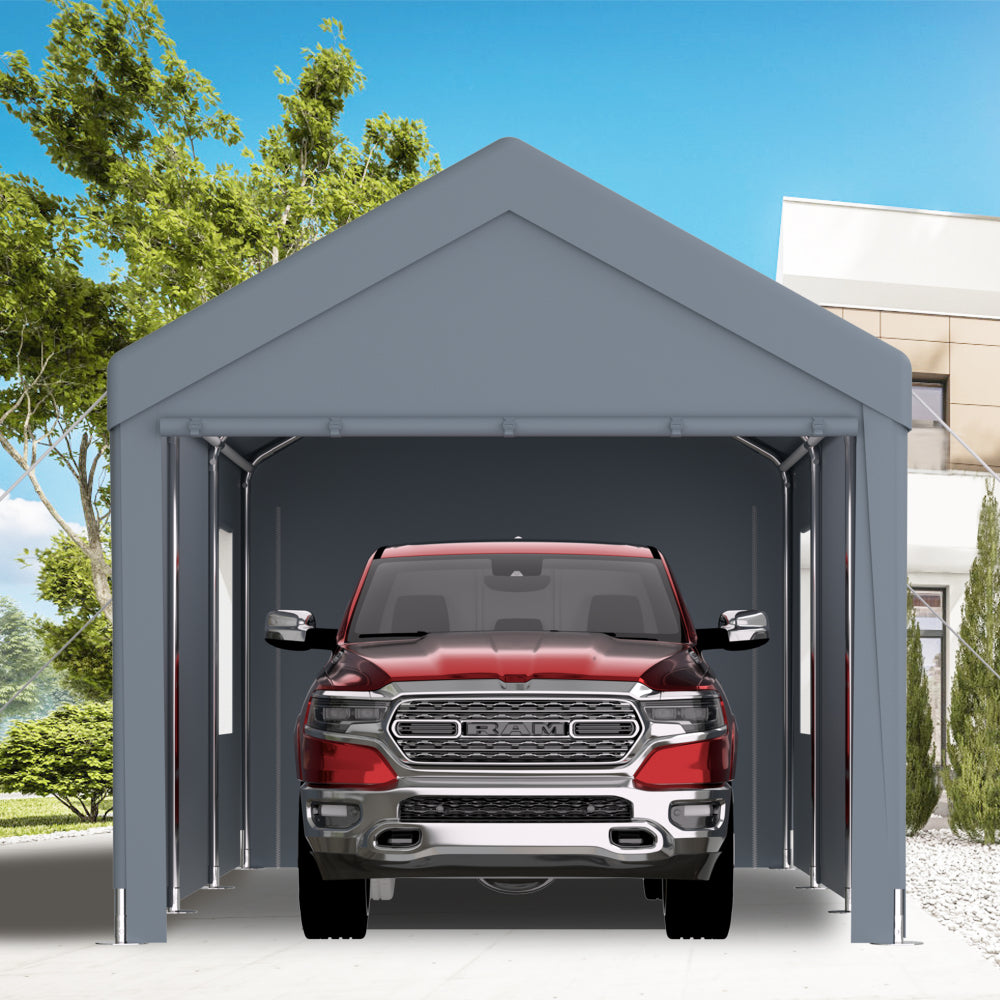 10×20 FT Portable Carport Garage | Heavy-Duty Galvanized Steel Frame with 2 Roll-Up Doors & 4 Ventilated Windows — White / Grey