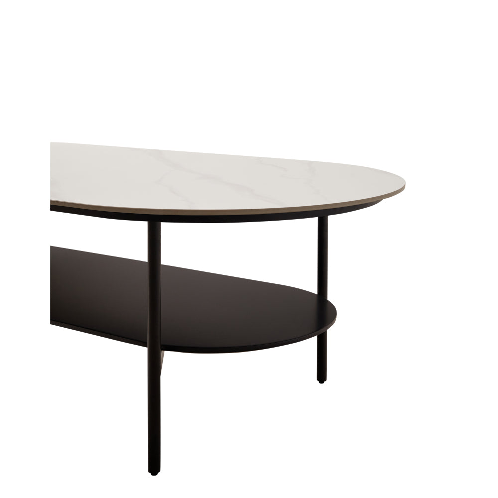 Ceramic Sintered Stone Coffee Table with Walnut Shelf | 47" Double-Layer Living Room Center Table — White & Coffee Brown