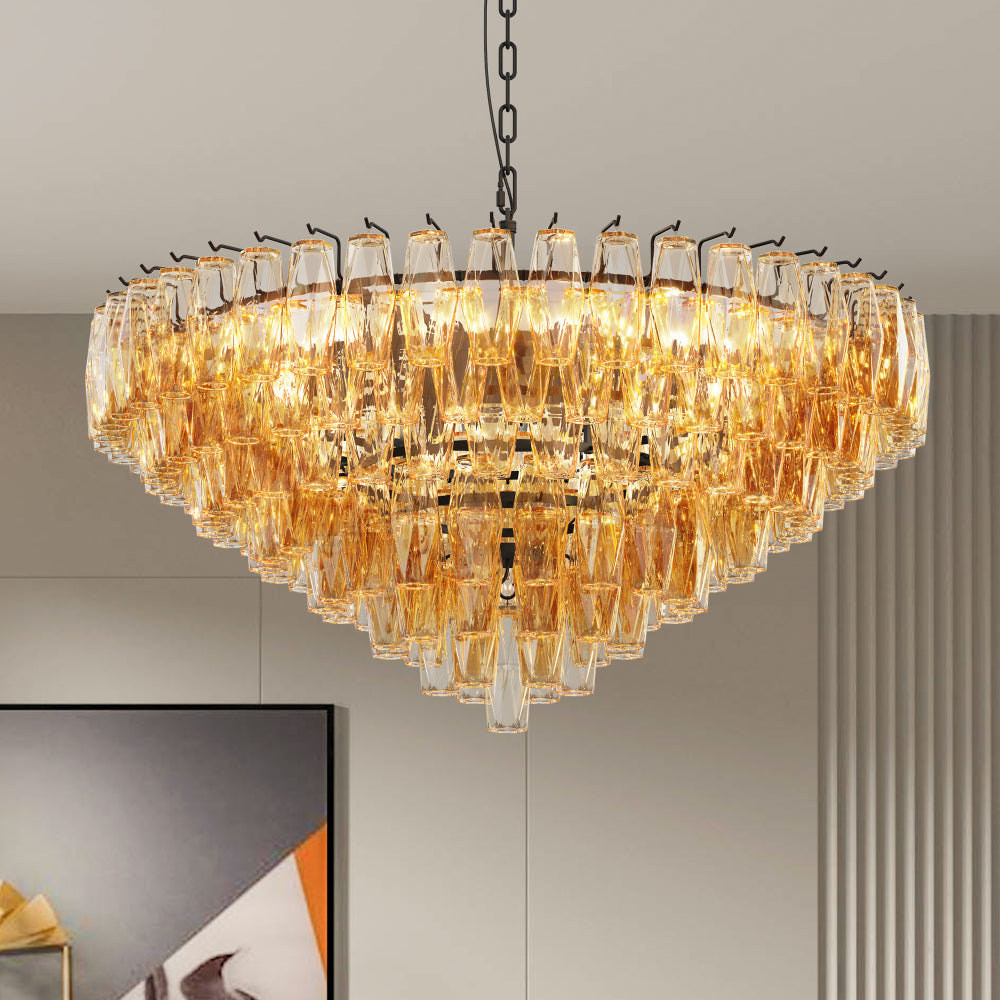 Round tiered chandelier with black metal frame and amber smoke glass shades, 14-light design, 37" or 54" sizes.