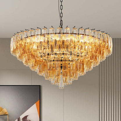 Round tiered chandelier with black metal frame and amber smoke glass shades, 14-light design, 37" or 54" sizes.