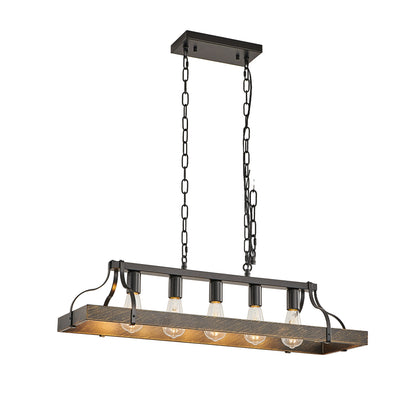 34-inch black and gold vintage 5-light chandelier with adjustable chain, featuring a rectangular metal frame and wooden base with exposed Edison bulbs